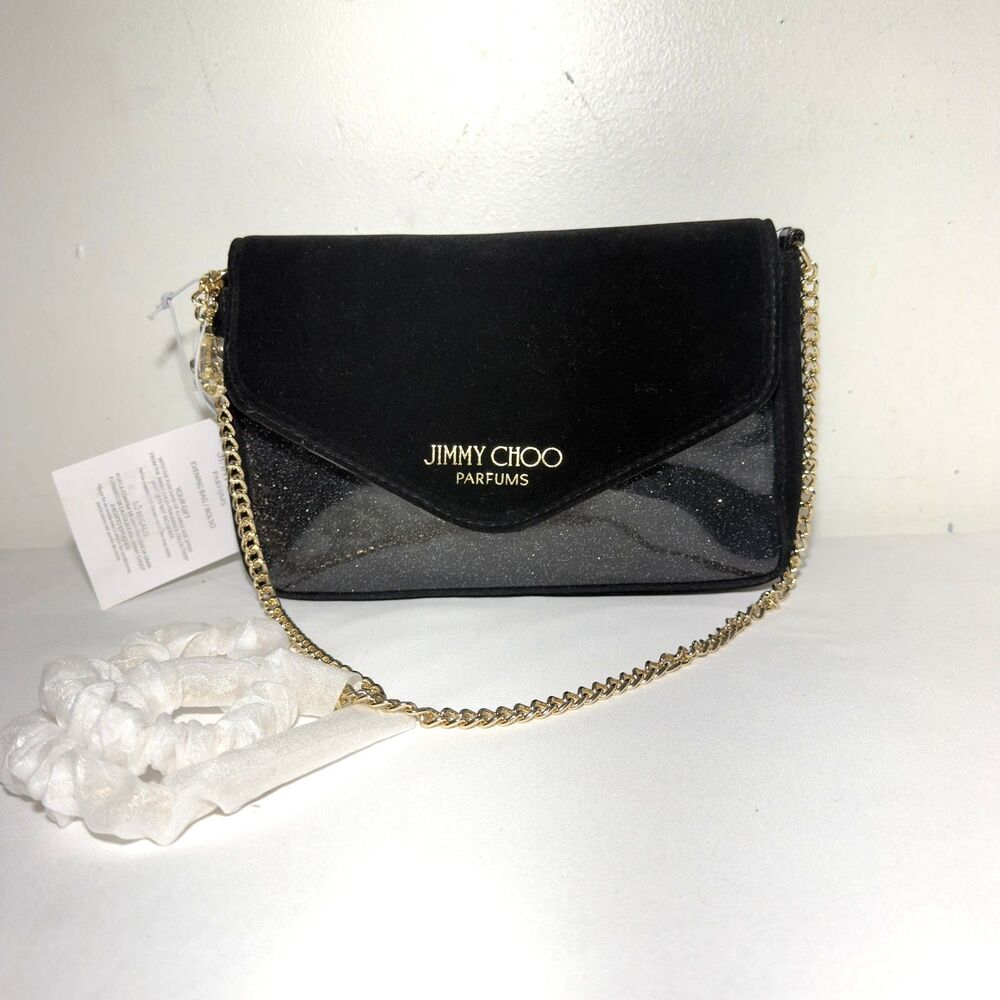 Jimmy Choo Parfums Black Velvet Glitter Crossbody Clutch Evening Bag Purse NWT